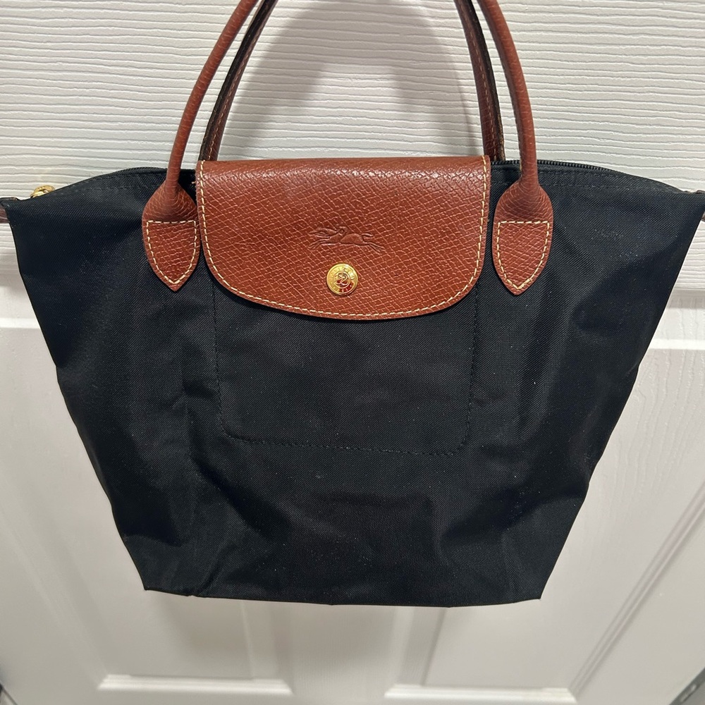 Longchamp Black Tote with Brown Leather Accents